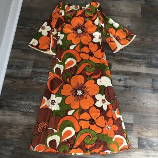 Vintage 1960s Holo - Holo Hawaiian Dress Orange Green Brown Floral Bell Sleeves
