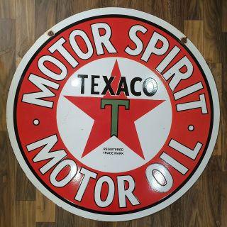 Texaco Motor Spirit 2 Sided Vintage Porcelain Sign 30 Inches Round