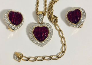 Vintage Swarovski Ruby Heart Pendant And Earrings Set