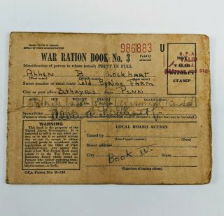 Wwii U.  S.  War Ration Book No.  3 With Stamps Inside Ww2 Philadelphia Pa