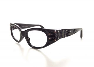 Vtg 50s 60s Rockabilly Nos French Cat Eye Eyeglasses Carved Rhinestones France