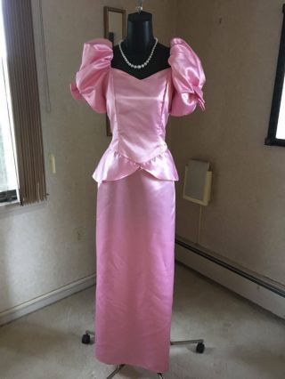 Vintage 80s Pretty In Pink Prom Party Dress Small Medium Long Peblum Bows