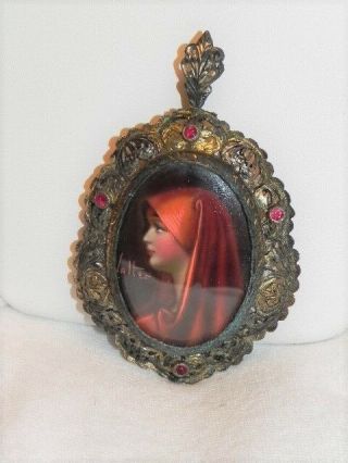 Antique Victorian Hand Painted Lady Portrait Pendant Signed Walter Red Stones