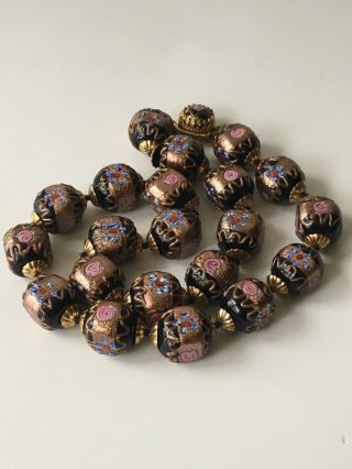 Vintage Italian Wedding Cake Black Glass Bead Necklace Gold,  Pink,  Roses 17 1/2”