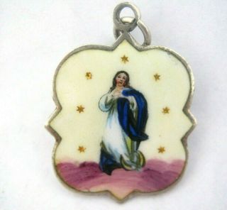 Immacule Virgin Mary Vintage Enamel Silver Religious Medal Pendant