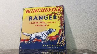 Vintage Winchester Porcelain 12 Ammo Shot Gun Shell Ranger Hunting Dog Sign