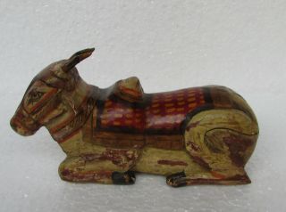 Vintage Hand Crafted Wooden Painted Sitting Cow Nandi Statue Figurine