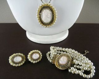 Hobe Rhinestone Faux Pearl Cameo 4 Piece Necklace Bracelet Earring Set