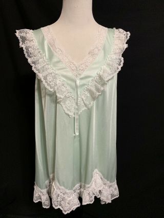 Vintage Babydoll Green Nylon Short Nightgown Lace Trim Handkerchief Hem Xl