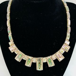 Vintage Sterling Sliver Abalone Necklace Taxco Artist Mexico 18” 68 Gr