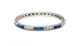 Vintage Sterling Silver Blue & Clear Rhinestone Hinged Bangle Bracelet