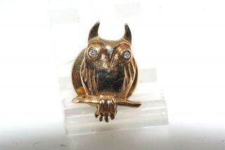 Vtg 14k Yellow Gold Owl Tie Tac Diamond Eyes