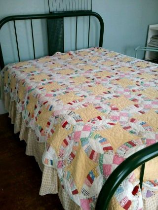 Vintage 1930 ' s Patchwork Quilt Double WEDDING RING Hand Quilted 2