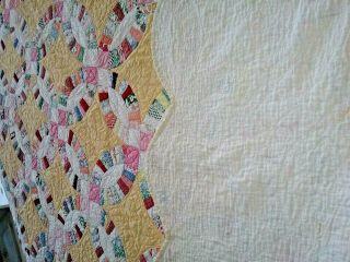 Vintage 1930 ' s Patchwork Quilt Double WEDDING RING Hand Quilted 6
