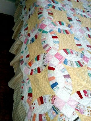 Vintage 1930 ' s Patchwork Quilt Double WEDDING RING Hand Quilted 8