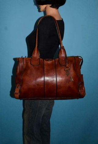 FOSSIL Vintage Reissue Weekender Leather Brown Shoulder Laptop Purse Tote Bag 2
