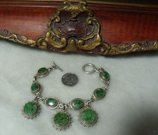 Vintage Sterling Silver Heavy Jade Jadeite 3 Sun Charm Bracelet