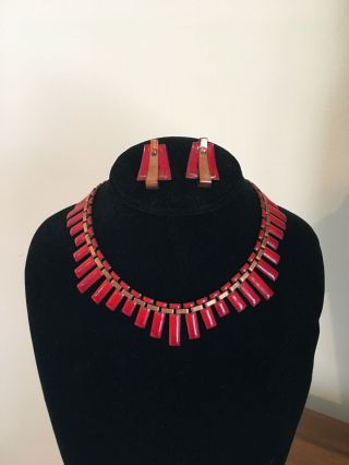 Wonderful Vintage Matisse (renoir) Red Enamel On Copper Necklace Earrings 1950s
