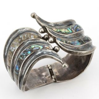 Vintage Taxco Mexico Sterling Silver Abalone Inlay Hinged Clamper Bracelet 53.  7g