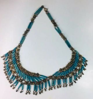 Art Deco C.  1930s Egyptian Revival Blue Faience Beads Fringe Bib Necklace Brass