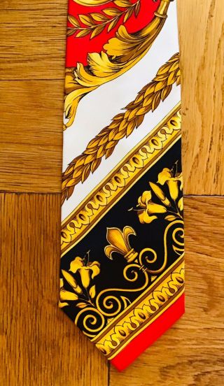 Gianni Versace Couture Vintage Red Gold Black Striped Baroque Floral Tie Rare