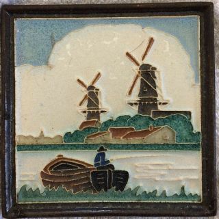 Vintage De Porceleyne Fles Hand - Painted Dutch Delft Tile • Two Windmills & Boat