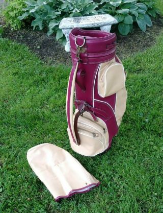 Burton Golf Bag Rare Vintage Burgundy And Biege Leather With Rain Cover