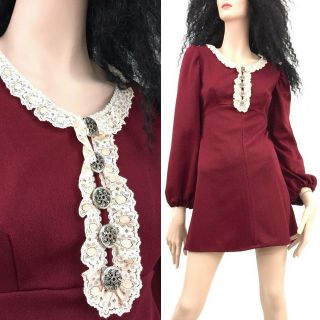 L Vintage 1960s Mod Burgundy Red Long Sleeve Dress Mini Lace Jabot Gogo 60s