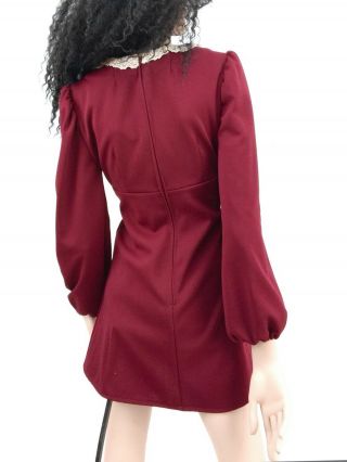 L Vintage 1960s Mod Burgundy Red Long Sleeve Dress Mini Lace Jabot GoGo 60s 4