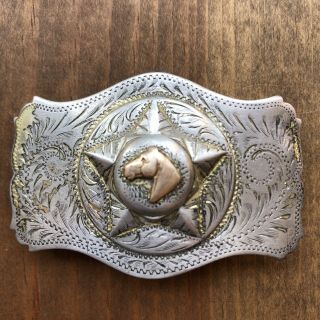 Vintage 50s Irvine & Jachens Sterling Silver Engraved Belt Buckle Horse Head