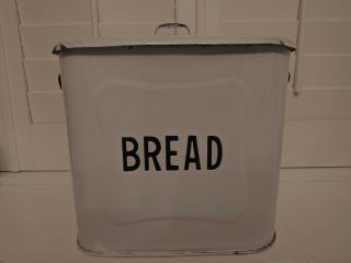 Vintage English Classic Enamel White & Black Bread Bin Box 1920 