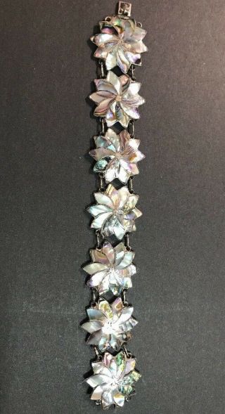 Vintage Taxco Mexico Silver Abalone Pinwheel Flowers Panel Bracelet Ar Essay 1