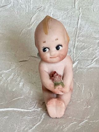 Darling Little Antique German Bisque Kewpie Doll/figurine Holding A Rose 1 7/8