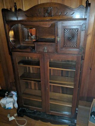 Antique Carved Ornate Mirrored Wood Bookshelf Bookcase Vtg