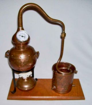 Vintage Copper Mini Moonshine Still W/iron Stand On Wood Base & Copper Fuel Cup