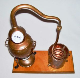 Vintage Copper Mini MOONSHINE STILL w/Iron Stand on Wood Base & Copper Fuel Cup 2