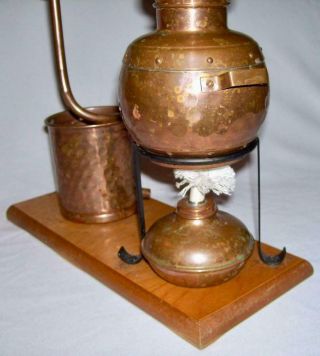 Vintage Copper Mini MOONSHINE STILL w/Iron Stand on Wood Base & Copper Fuel Cup 4
