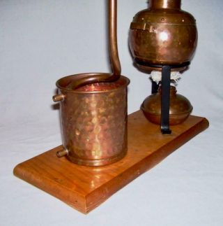 Vintage Copper Mini MOONSHINE STILL w/Iron Stand on Wood Base & Copper Fuel Cup 5