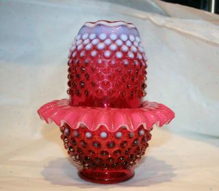 Vintage Fenton Art Glass Cranberry Opalescent Hobnail Fairy Lamp No Insert