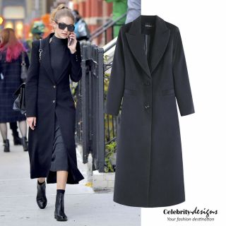 Celebrity Style Gigi Inspired Black Ladylike Longline Fit - And - Flare Wool Coat