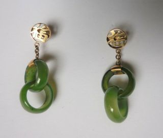 Vintage Jade 14k Gold Earrings Chinese Style Double Loop