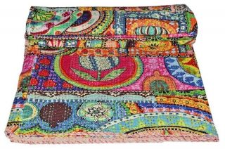 Indian Handmade Quilt Vintage Queen Kantha Bedspread Throw Cotton Blanket Gudari