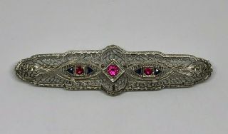 Estate/vintage 14kt White Gold Brooch With Red And Blue Stones,  6.  4 Gms,  2.  75 "