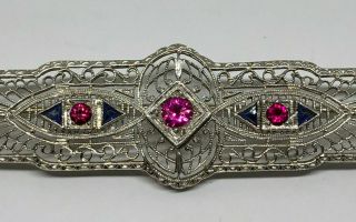 Estate/Vintage 14kt White Gold Brooch with Red and Blue Stones,  6.  4 gms,  2.  75 