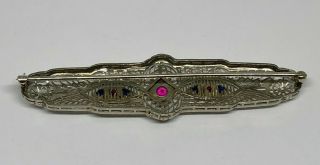 Estate/Vintage 14kt White Gold Brooch with Red and Blue Stones,  6.  4 gms,  2.  75 