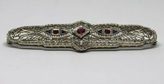 Estate/Vintage 14kt White Gold Brooch with Red and Blue Stones,  6.  4 gms,  2.  75 