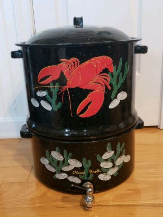 Vintage Speckled Enamel Steamed Lobster Clam Broth Black Double Pot Steamer