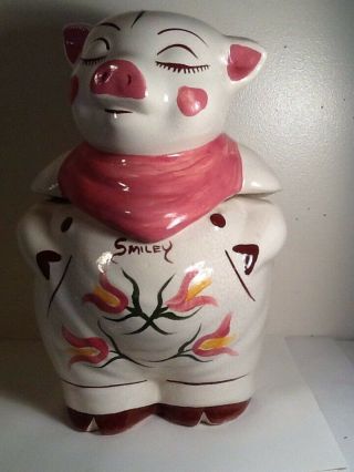 Vintage Shawnee Pottery Farmer Smiley The Pig Cookie Jar W/ Pink Tulipss