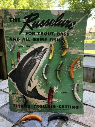 Rare Vintage Russelure Dealer Display Card With 13 Lures 5 Sizes