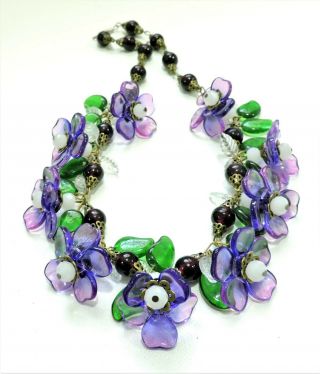 Vintage Purple Flowers Lampwork Art Glass Bead Necklace Jn19400